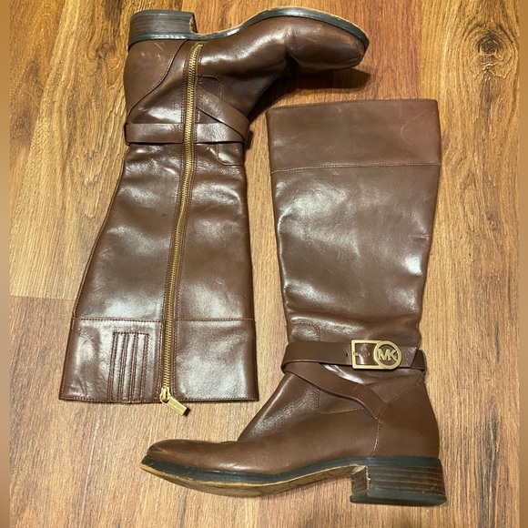 Michael Kors Boots Bryce Tall Riding Brown Leather Knee High Zip - Picture 3 of 14